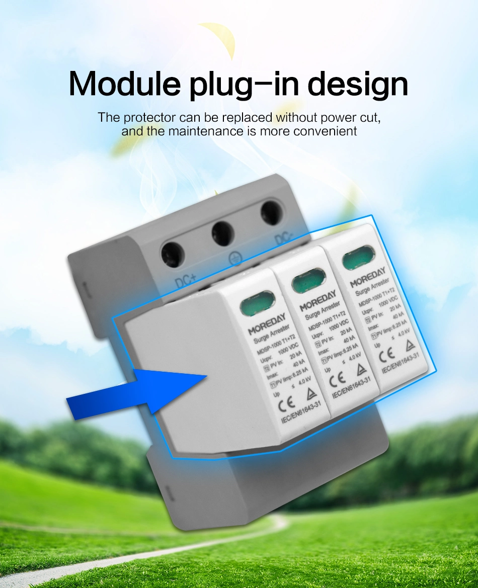 Moreday 1p 2p 3p 4p 20ka 40ka DIN Rail DC Solar Surge Protector 2 Pole 1000V DC Surge Protective Device (SPD)